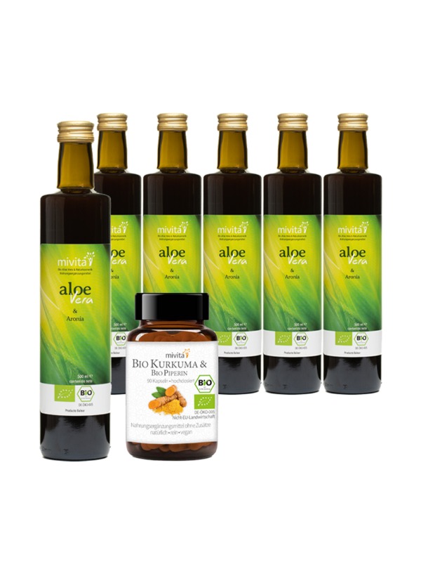 6 x Bio Aloe Vera & Aronia Direktsaft + 1 Kurkuma